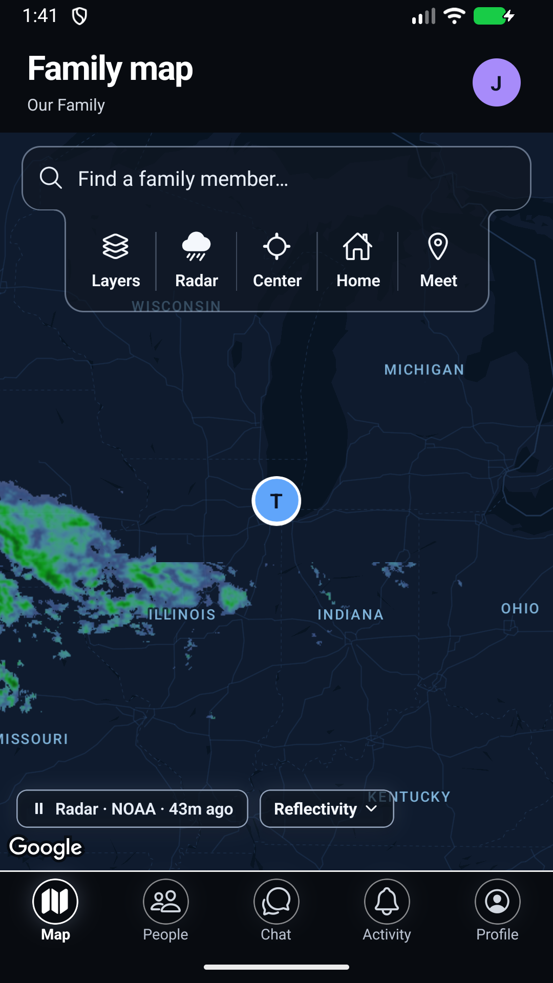An Android demo showing NOAA radar over the family map in 1UpFam's night appearance, with radar playback controls.
